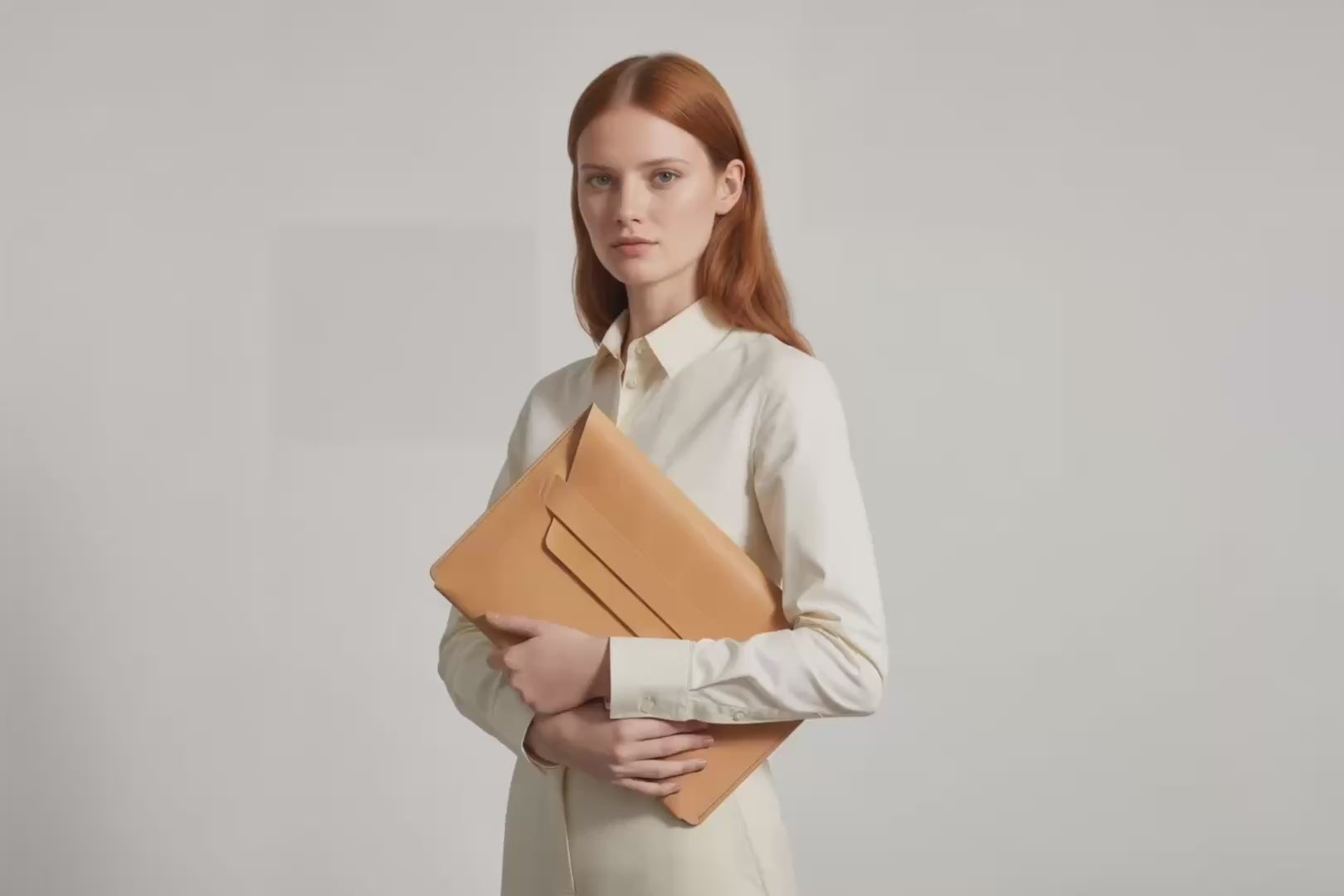 Model is holding a leather sleeve for a MacBook in brown color in front of bright background Video Loop minimalistic design atelier Madre Manuel Dreesmann Barcelona Spain