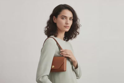 Brick Bag Dark Brown Color Leather On Model Bright Background Vegetable Tanned Leather Loop Video Modern Minimalist Design Premium Quality Atelier Madre Manuel Dreesmann Barcelona Spain