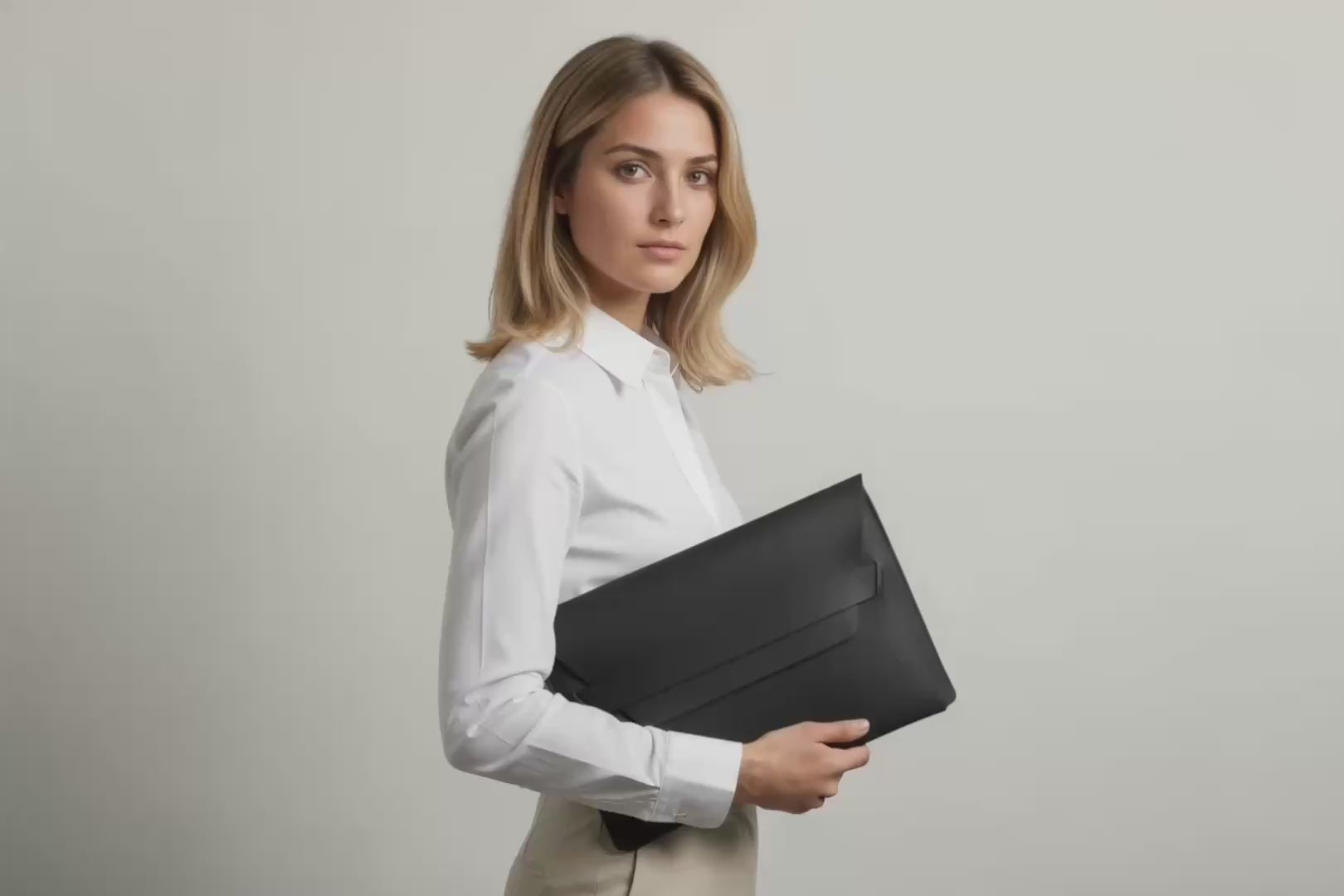Model is holding a leather sleeve for a MacBook in black color in front of bright background Video Loop minimalistic design atelier Madre Manuel Dreesmann Barcelona Spain