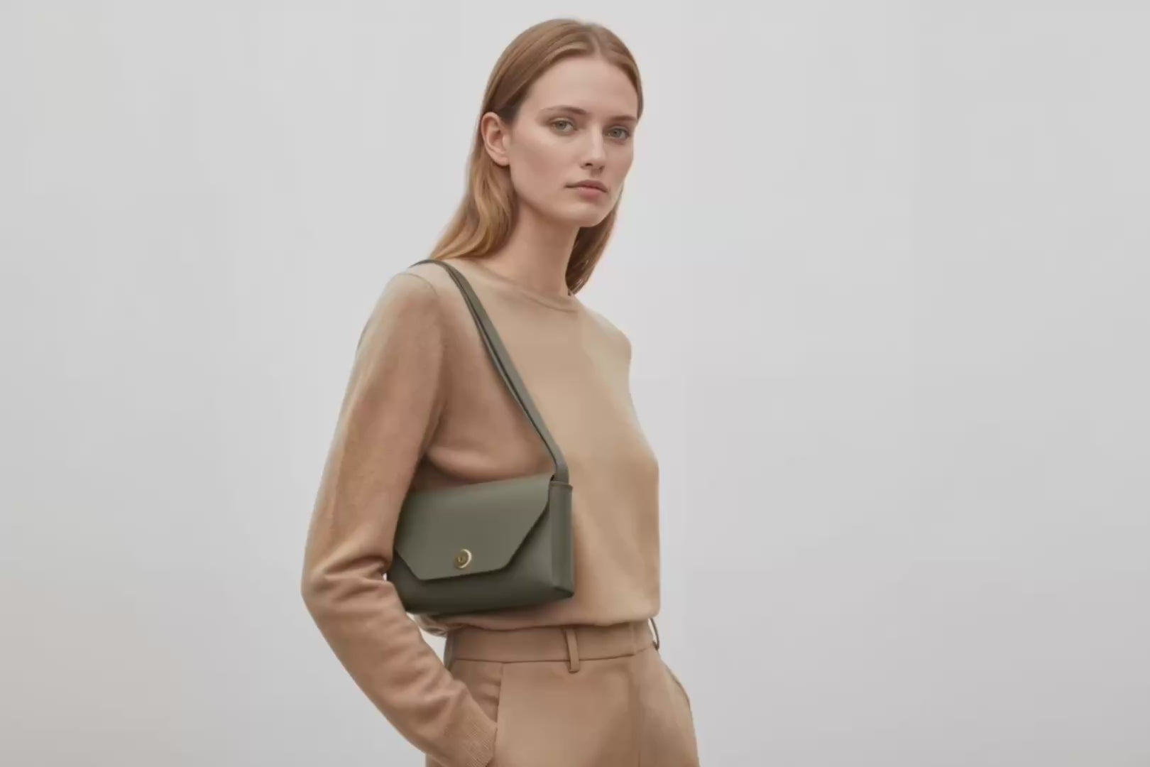 Brick Bag Olive Green Color Leather On Model Bright Background Vegetable Tanned Leather Loop Video Modern Minimalist Design Premium Quality Atelier Madre Manuel Dreesmann Barcelona Spain