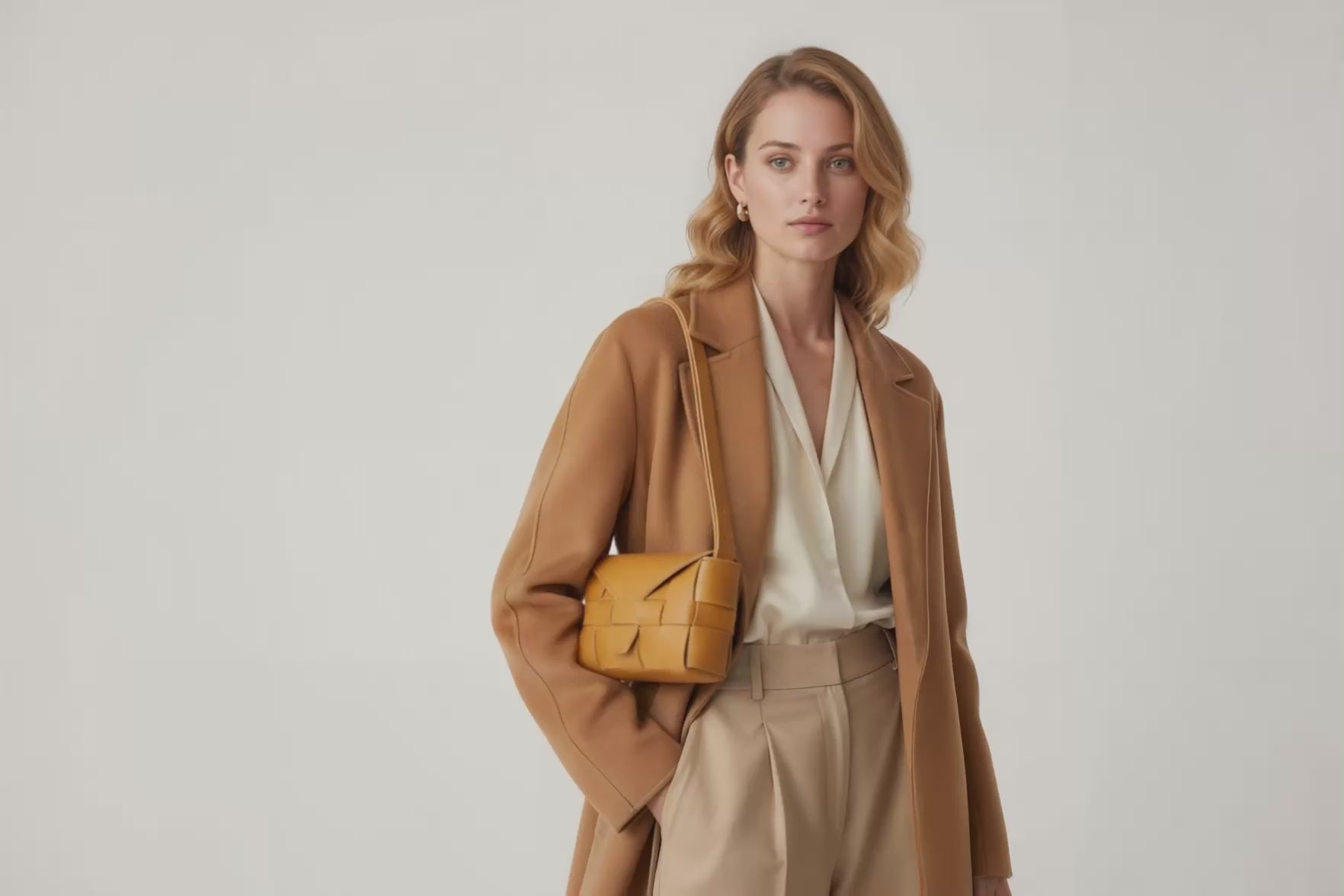 Woven Leather Bag Saka Bag Brown Color Leather On Woman Model Bright Background Vegetable Tanned Leather Modern Minimalist Design Premium Quality Atelier Madre Manuel Dreesmann Barcelona Spain Video Loop