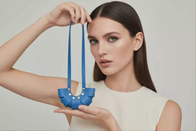 Royal Blue Color Leather Croissant Bag Charm Minimal Premium Design On Model Video Loop Atelier Madre Manuel Dreesmann Barcelona Spain