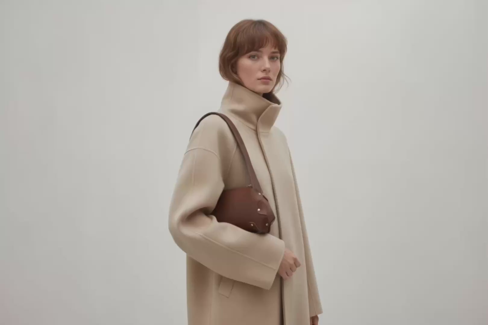 Fiona Bag Dark Brown Color Leather On Model Bright Background Vegetable Tanned Leather Video Loop Walking Modern Minimalist Design Premium Quality Atelier Madre Manuel Dreesmann Barcelona Spain