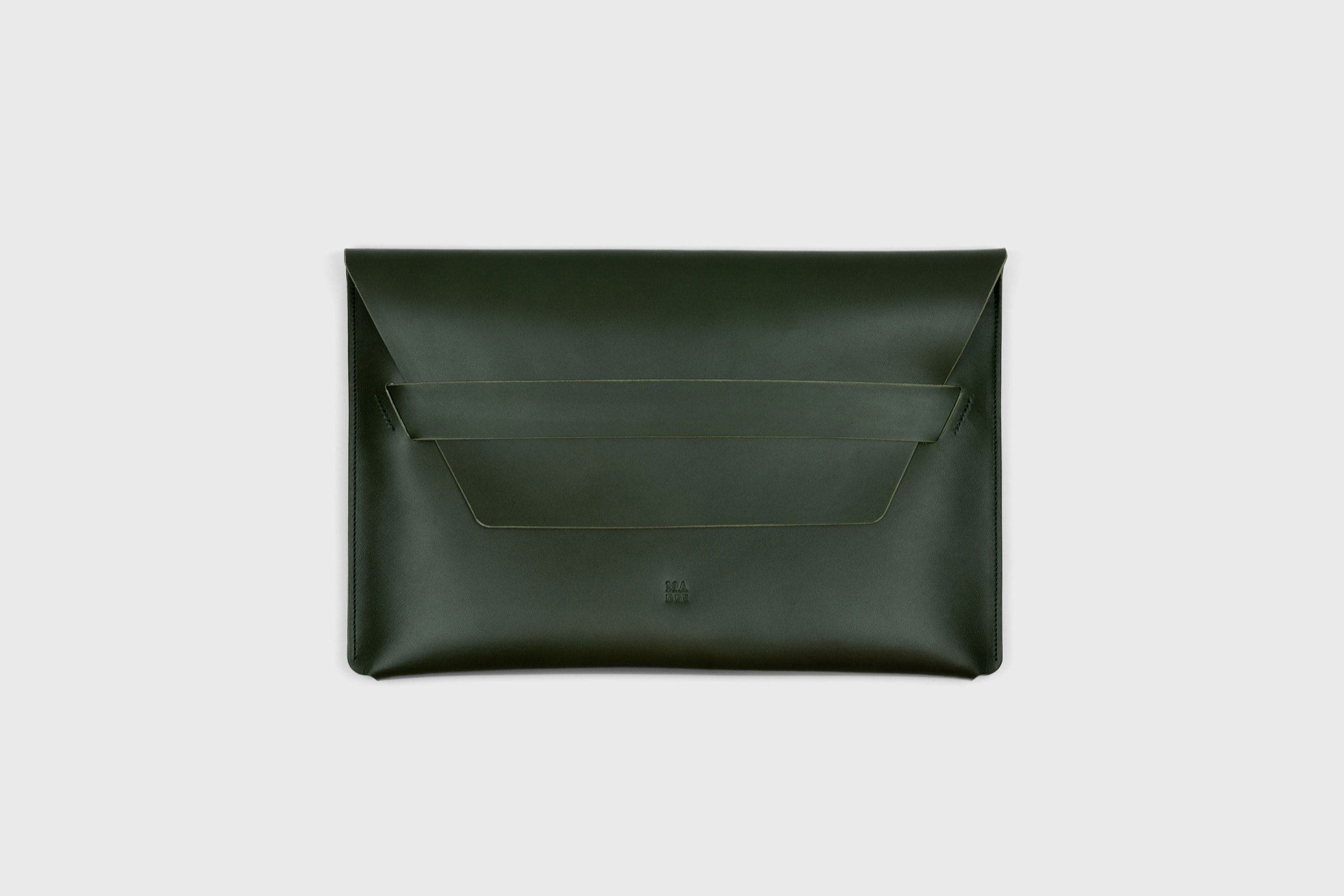 MacBook Pro 14 Inch Leather Sleeve Dark Olive Green Color Handmade and Designed By Manuel Dreesmann Atelier Madre Barcelona Spain