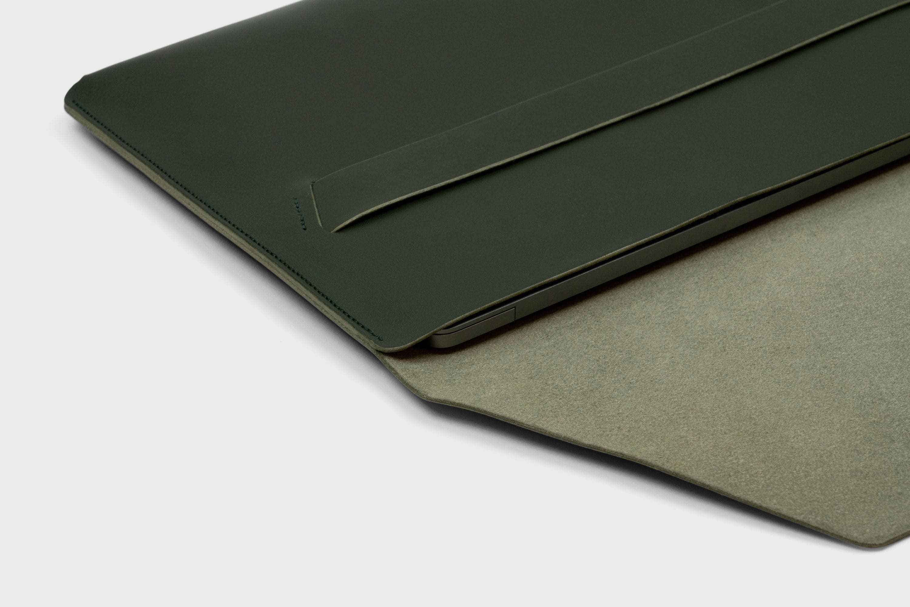 MacBook Pro 14 Inch Leather Sleeve Dark Olive Green Color Artisan Handmade and Designed By Manuel Dreesmann Atelier Madre Barcelona Spain